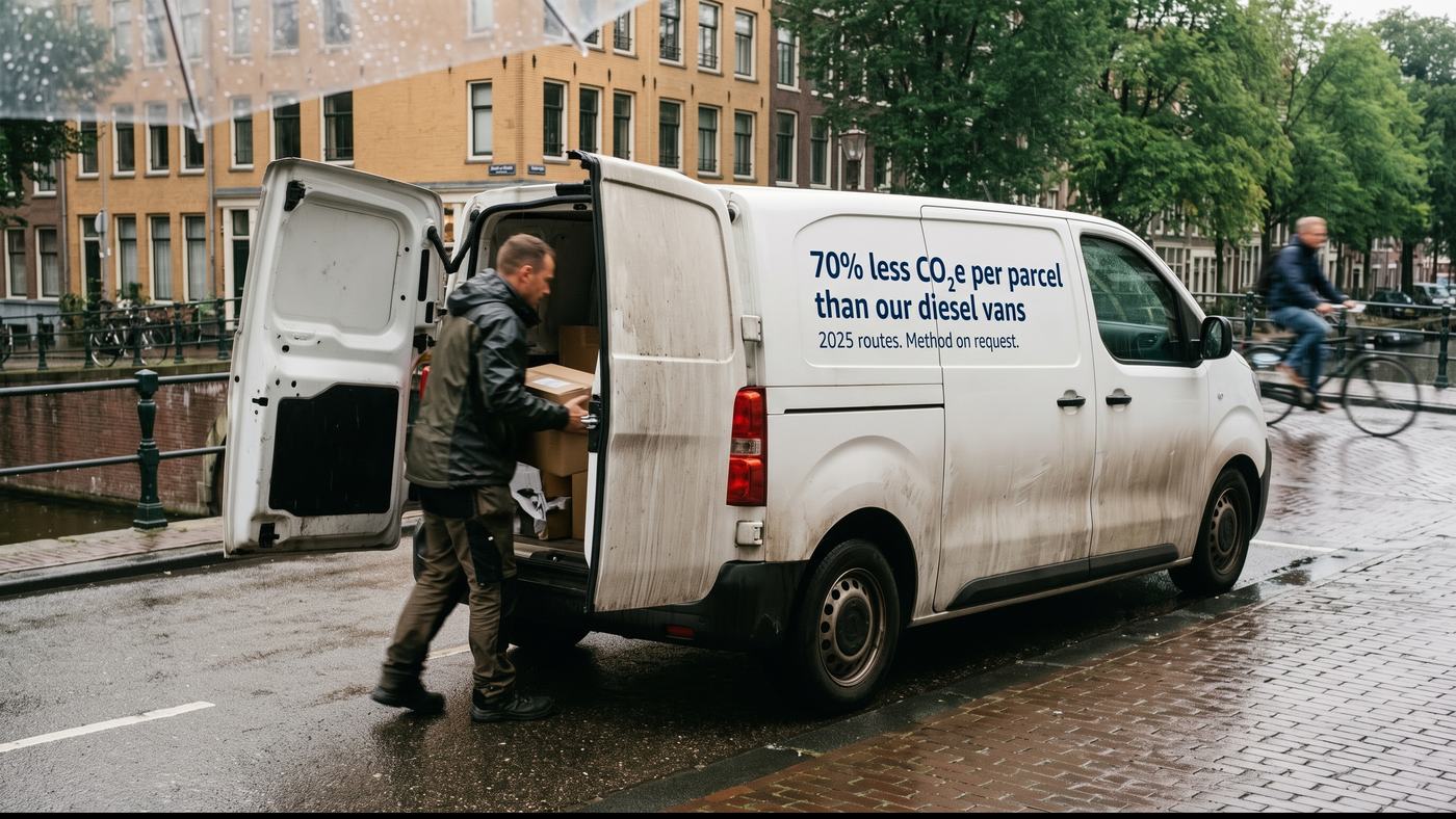 The same van now reads 70% less CO2e per parcel than our diesel vans, 2025 routes, method on request