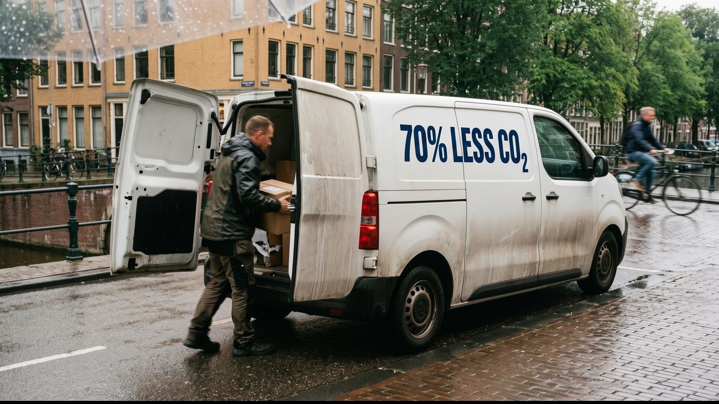 A delivery van on an Amsterdam street with 70% less CO2 printed on the side