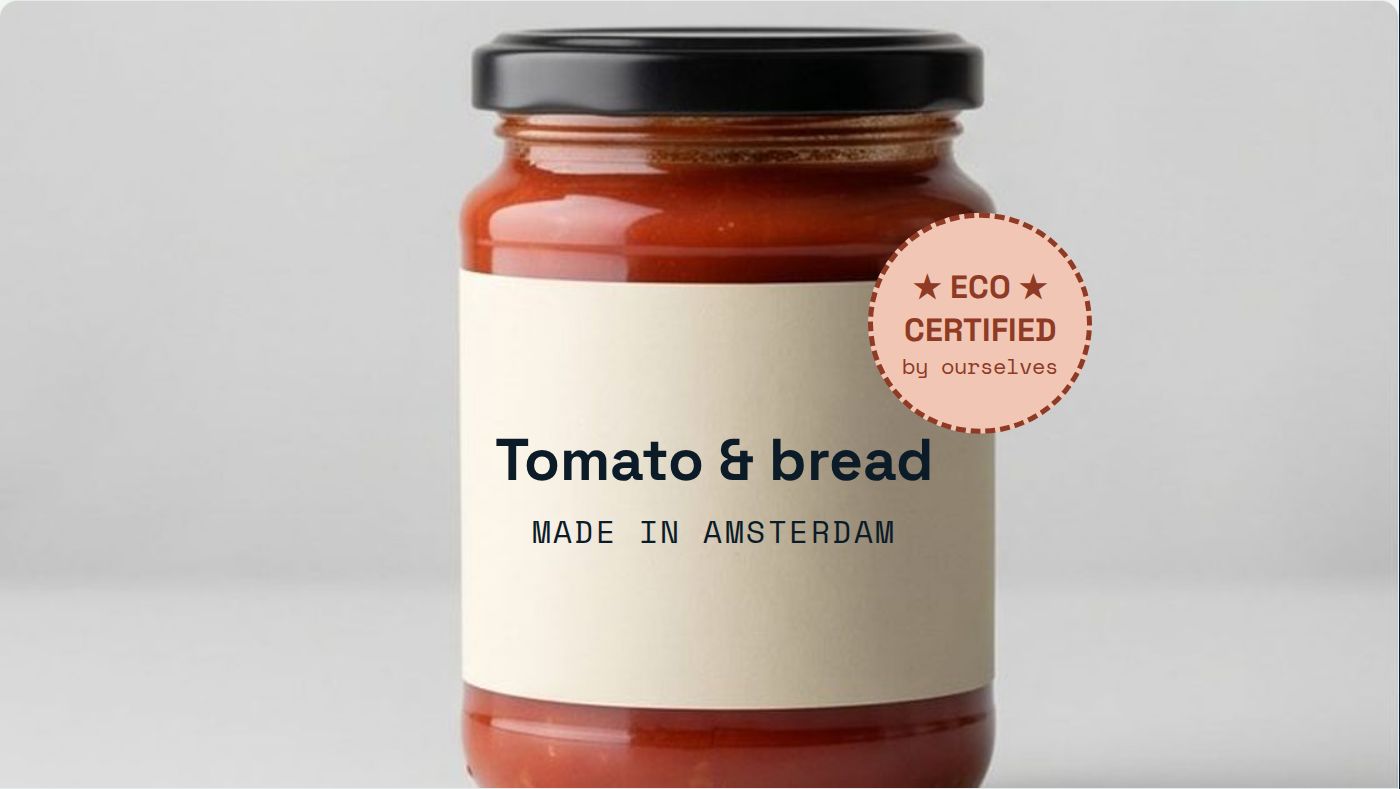 A jar of sauce with a self-made eco certified sticker