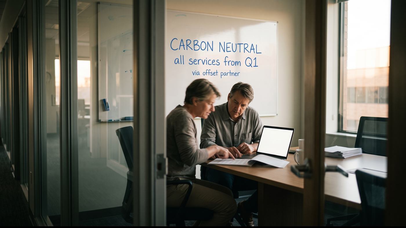 A meeting room whiteboard reading Carbon neutral, all services from Q1, via offset partner