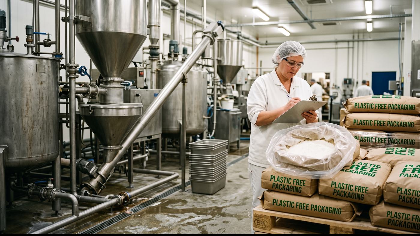 Ingredient sacks in a food facility printed Plastic free packaging, with a plastic inner liner visible